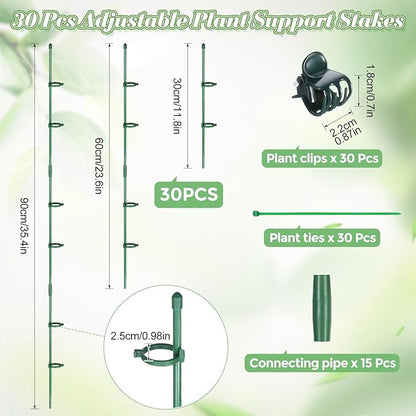 30 Pcs Adjustable Plant Sticks, 12 in Plant Support Sticks Plant Support Stakes with Orchid Clips Garden Ties Plant Support Cage for Potted Plants Indoor Orchid Flower Tomato, Green