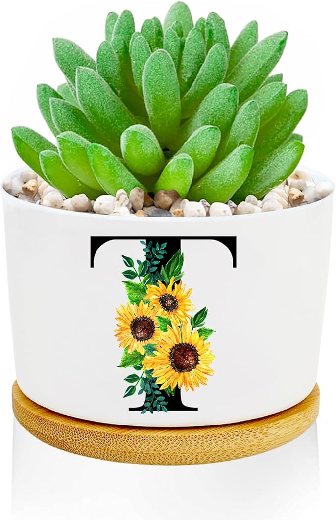 Sunflower Succulent Plant Pots 3 Inch Ceramic Cactus Flower Pots Personalized Initials T Sunflower Gifts for Women Mom Sister,Birthday Housewarming,Wedding,Window Garden Desk Decor