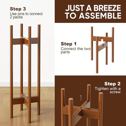 MUDEELA 2 Pack Indoor Plant Stands, 2 Tier Tall Plant Stand 30 inches, Mid Century Bamboo Plant Stand, Adjustable Width 8 - 12 inches, Fits Pot Size of 8 9 10 11 12 inches, Pot & Plant Not Included, Brown