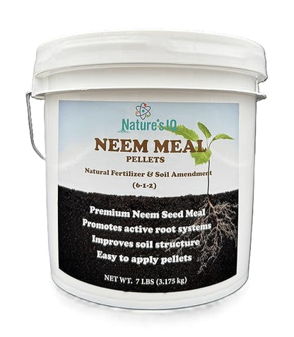 Nature's IQ NEEM Meal pellets. 7LB Bucket. Natural Fertilizer/Soil Ammendment. Improves Soil Structure & Promotes Active Root Systems. Easy to Apply pellets in resealable Bucket.