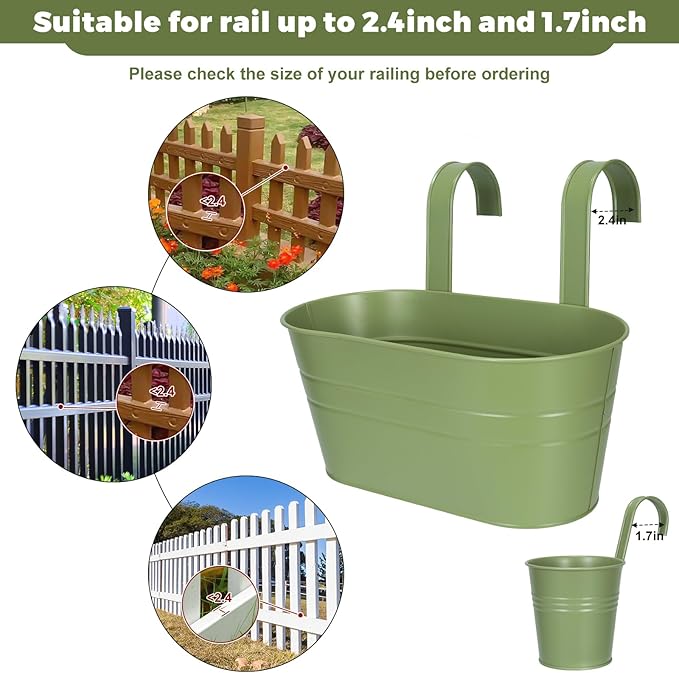 3 Different Size Metal Iron Hanging Flower Pots 10 Pcs for Outdoor Plants Metal Hanging Bucket Pots Iron Railing Fence Planter with Drainage Holes and Hooks for Porch Railing Balcony Fence (Green)