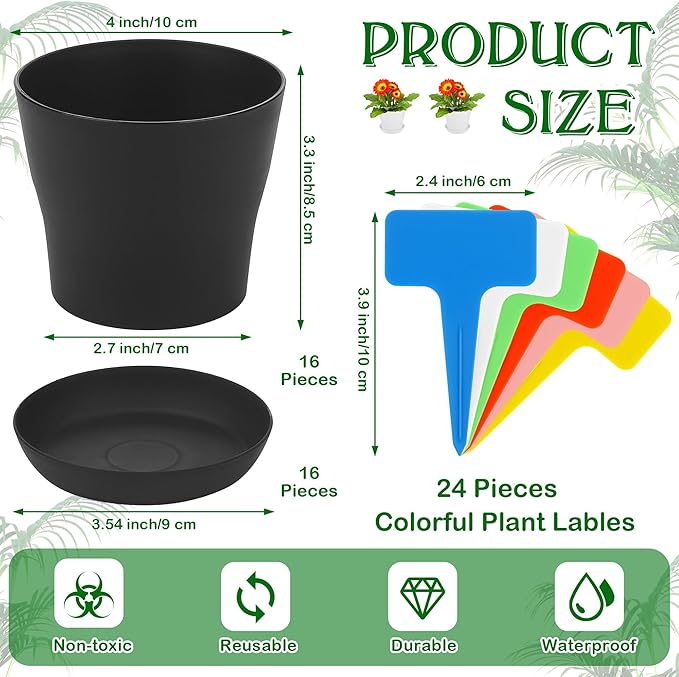 Aodaer 16 Pack 4 Inch Plastic Planters with Multiple Drainage Holes and Tray Indoor Outdoor Flower Plant Nursery Pots with Labels Flower Seedling Pots for Herb Garden Home Succulents, Black