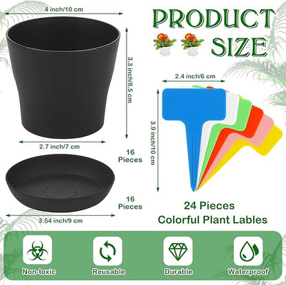 Aodaer 16 Pack 4 Inch Plastic Planters with Multiple Drainage Holes and Tray Indoor Outdoor Flower Plant Nursery Pots with Labels Flower Seedling Pots for Herb Garden Home Succulents, Black