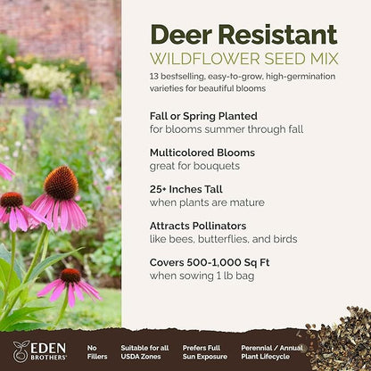 Eden Brothers Deer Resistant Wildflower Mixed Seeds for Planting, 1 lb, 480,000+ Seeds with Foxglove, Forget Me Not | Attracts Pollinators, Plant in Spring or Fall, Zones 3, 4, 5, 6, 7, 8, 9, 10