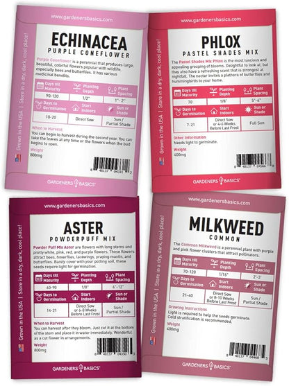 Gardeners Basics, Butterfly Seeds for Planting Outdoors Flower Seeds (8 Variety Pack) Milkweed, Aster, Zinnia, Hollyhock, Snapdragons, Echinacea, Phlox, Black Eyed Susan Pollinators Wildflower Seed