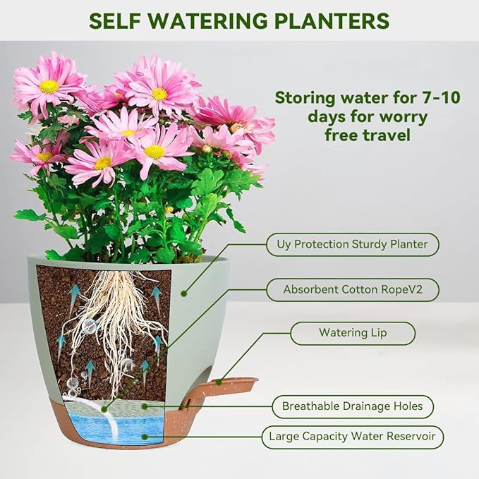 8/9/10 Inch Large Self Watering Pots, Plastic Flower Pots with Multi Mesh Drainage Holes and Water Level Indicator & Deep Reservoir for Indoor Outdoor Garden Plants and Flowers (Green)