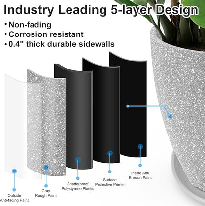 GameXcel Flower Pot Indoor - Outdoor Plant Pot - Gray Rough Planter - Elegant Stone Imitation - 12" Diameter 12" Tall with Drainage Holes and Saucer