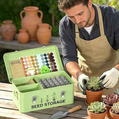 60 Slots Seed Organizer Seed Storage Seed Box 3 Compartments Seeds Organizer Storage Box Metal Garden Seeds Packet Container with Lid and Safety Locks for Flower Plants Garden