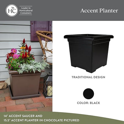 The HC Companies 12.5 Inch Accent Square Plant Pots with Drainage, Lightweight UV-Resistant Plastic Planters for Indoor & Outdoor Plants, 2-Pack Flower Pots for Garden, Office & Home Decor, Black