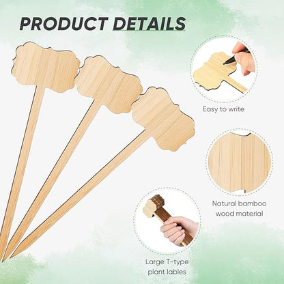 50 Pcs Bamboo Plant Labels 8 Inch Extra Long Plant Tags for Seedlings Garden Markers with Pen T-Type Tags Waterproof Nursery Garden Signs for Outdoor Flower Herb Potted