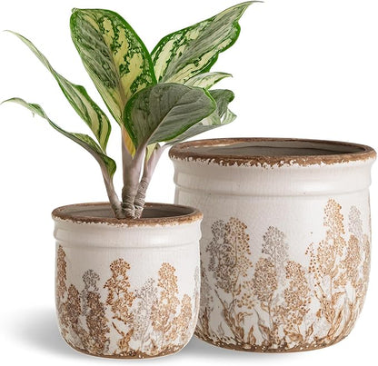 Set of 2 Ceramic Planters for Indoor Plants, 4.7+5.7 Inch Vintage Flower Pots without Drainage Hole, Rustic Brown Planter Set, Decorative Plant Pots for Indoor Plants, Home Decor, Living Room, Office
