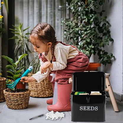3 Dividers Seed Storage Box, Metal Seed Box Seed Storage Organizer with Safety Lock, Portable Garden Seed Bin, Professional All-in-one Kit, Black