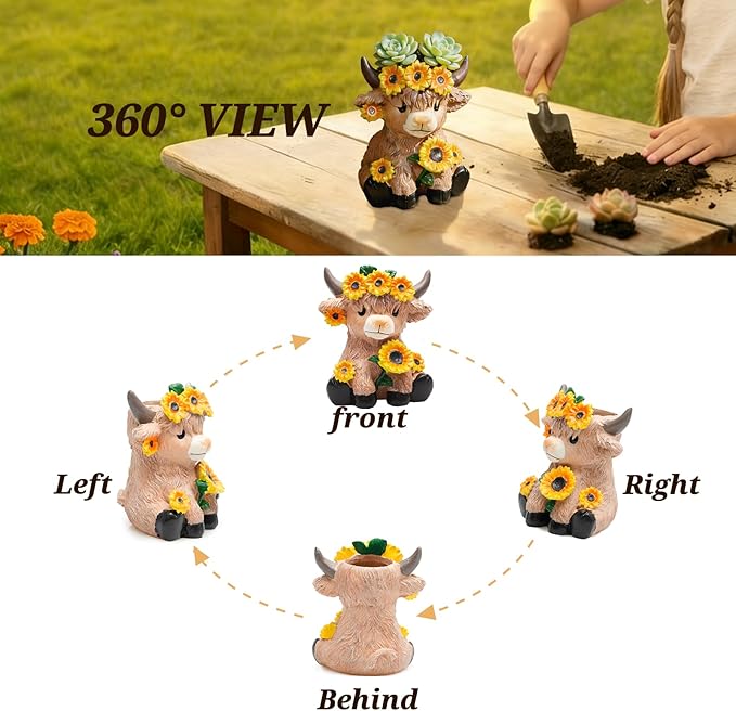 Cute Highland Cow Planter, 4.3 inch Resin Succulent Pot, Animal Planter with Drain, mini cows flower pots,Storage Containers for Outdoor Indoor Backyard Balcony Planters Home Garden Decor Gifts