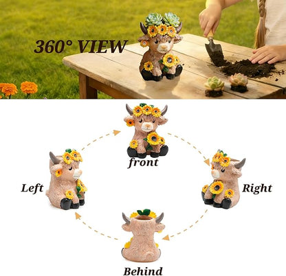 Cute Highland Cow Planter, 4.3 inch Resin Succulent Pot, Animal Planter with Drain, mini cows flower pots,Storage Containers for Outdoor Indoor Backyard Balcony Planters Home Garden Decor Gifts