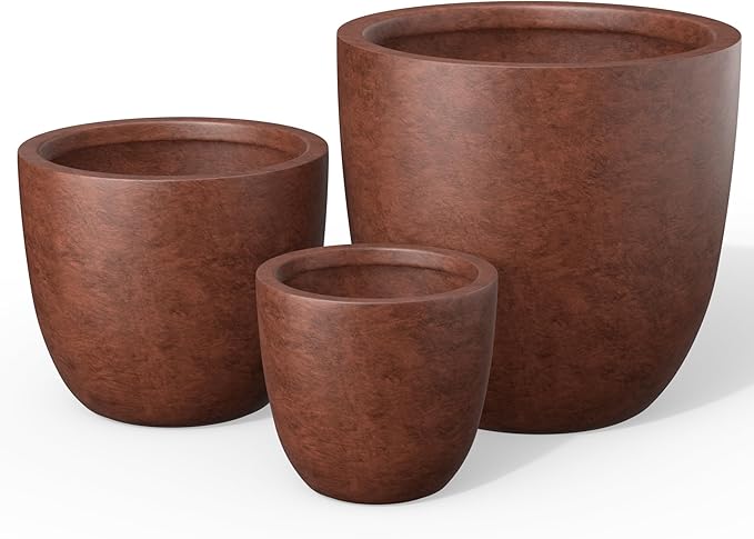 Kante Round Concrete Planter Set of 3, Large Outdoor Indoor Plant Pots with Drainage Hole, 10/14/18-Inch Diameter Flower Pots for Patio, Garden and Home, Rusty