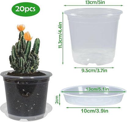 20 Pack 5 Inch Clear Nursery Pots with Drainage and 20 Pack Plant Saucers, Plant Pots for Plants Transparent Potting Containers for Plants Seeding Starter Pot (Clear, 5 Inch)