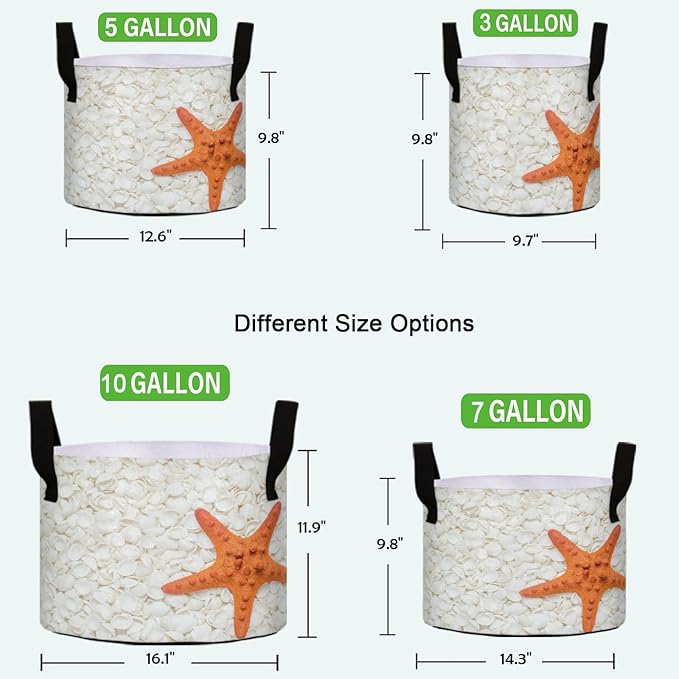 7 Gallon 3D Beautiful White Seashell Starfish Breathable Grow Bag Heavy Duty Thickened Plant Pots Containers with Handles for Tomato Potato Fruits Vegetables Flowers