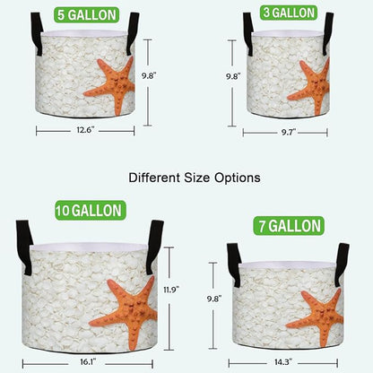 10 Gallon 3D Beautiful White Seashell Starfish Breathable Grow Bag Heavy Duty Thickened Plant Pots Containers with Handles for Tomato Potato Fruits Vegetables Flowers