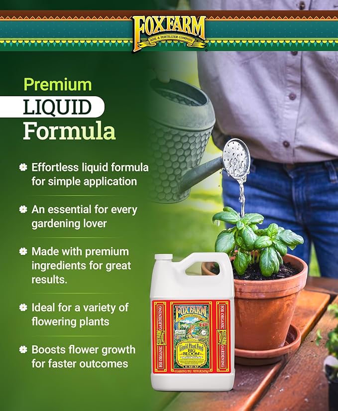 Fox Farm Big Bloom Liquid Plant Food - Organic Bloom Fertilizer for Flowering & Fruiting Plants, Contains Earthworm Castings & Bat Guano - Supports All Stages of Plant Growth - 0-0.5-0.7 NPK, 1Gallon