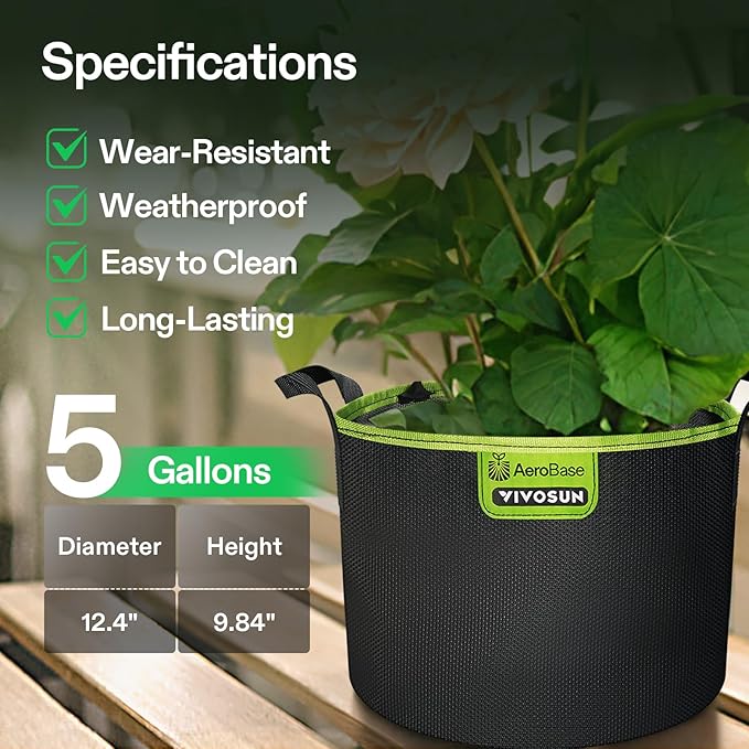VIVOSUN 3-Pack 5-Gallon AeroBase Grow Bags, Durable Mesh Fabric Plant Container with Breathable Base and Sturdy Handles, Black