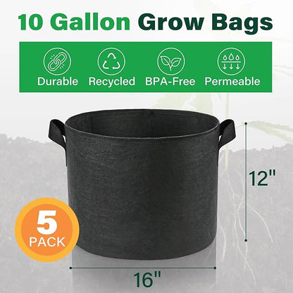 LotFancy 5-Pack 10 Gallon Grow Bags, Thickened Nonwoven Aeration Fabric Pots with Reinforced Handles, Heavy Duty Gardening Planter Containers for Vegetables Flowers Fruits, Black