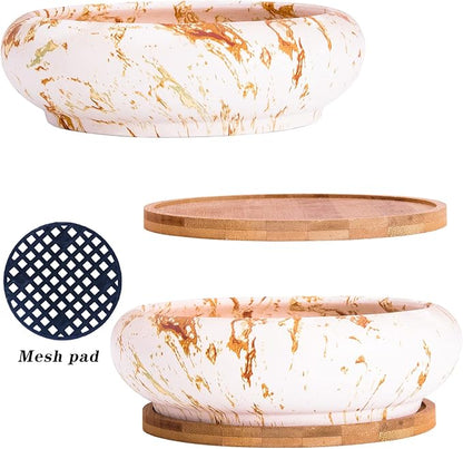 ARTKETTY Succulent Pots - 7.3 Inch Large Bonsai Pots with Drainage Tray, Ceramic Pots for Indoor Plants, Shallow Succulent Planters Marble Cactus Flower Plant Container Bowl