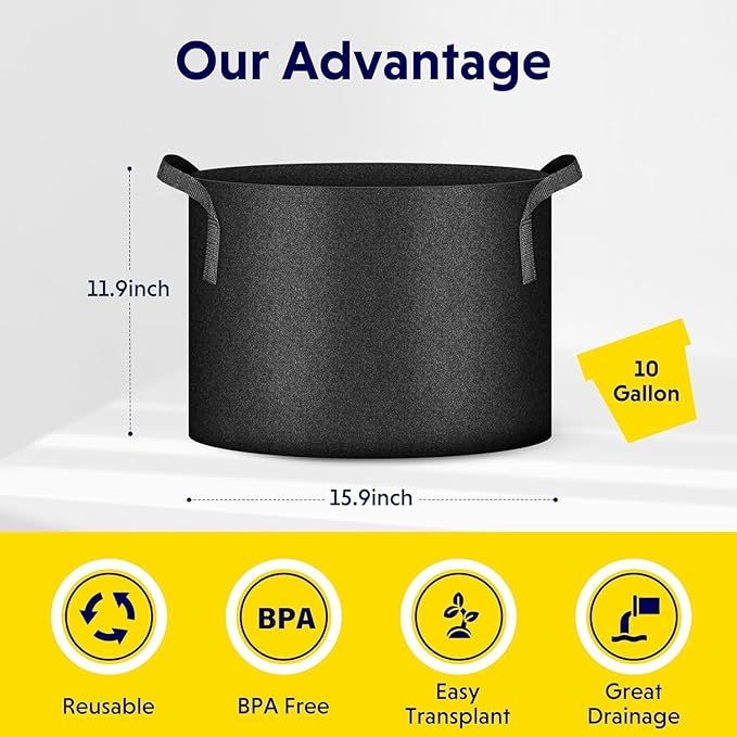 iPower 5-Pack 10 Gallon Plant Grow Bags Thickened Nonwoven Aeration Fabric Pots Heavy Duty Durable Container, Strap Handles for Garden, Black New