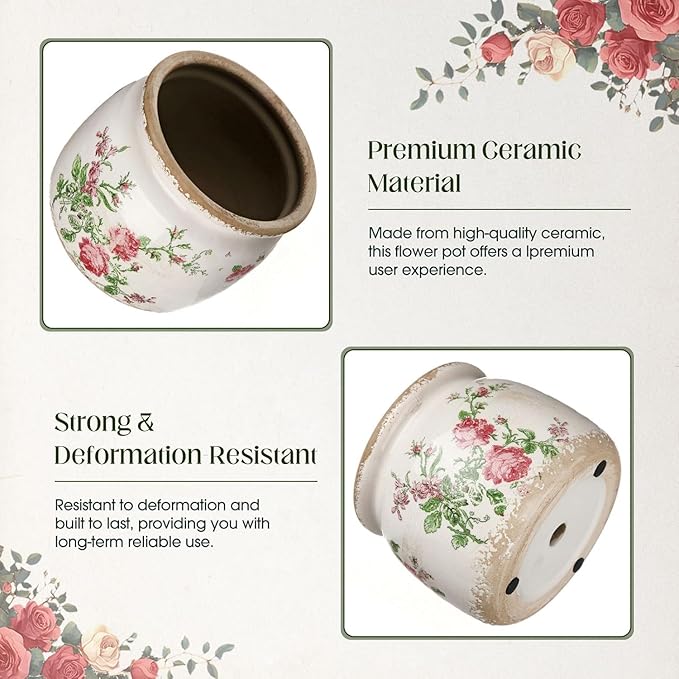 7.7" Large Ceramic Plant Pot Beige Red Romantic Rose Crackle Glaze Rustic Flowers Pot Decorative Planter with Drainage for Indoor Outdoor Plants Home Kitchen Office Decor Gift