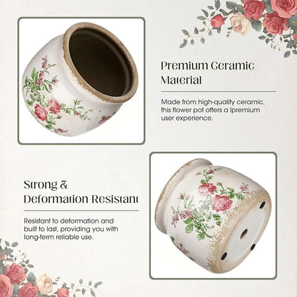 7.7" Large Ceramic Plant Pot Beige Red Romantic Rose Crackle Glaze Rustic Flowers Pot Decorative Planter with Drainage for Indoor Outdoor Plants Home Kitchen Office Decor Gift