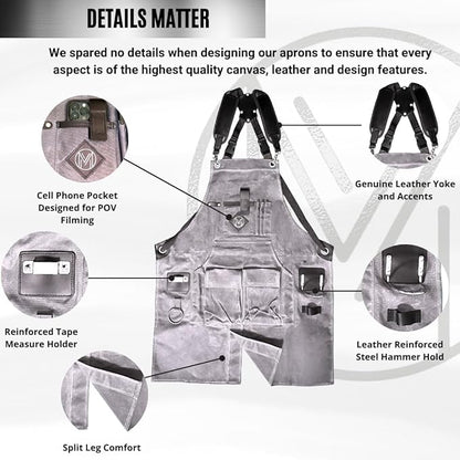 Mt Diablo 16oz - Woodworking Apron - Work Apron with Duck Weave Paraffin Waxed Canvas, Genuine Leather - Fits XS-XL