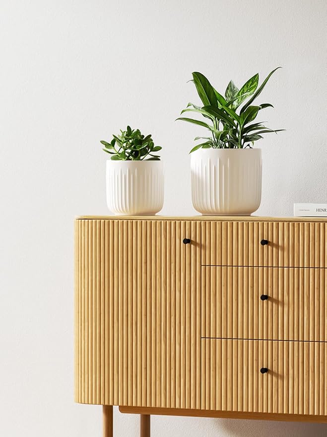 LE TAUCI Fluted Ceramic Planters, 8.3/7/6 Inch Indoor Pots for Plants with Drainage Holes & Mesh, Modern Matte Glaze Cylinder Plant Pot for Snake Plant, Set of 3, White