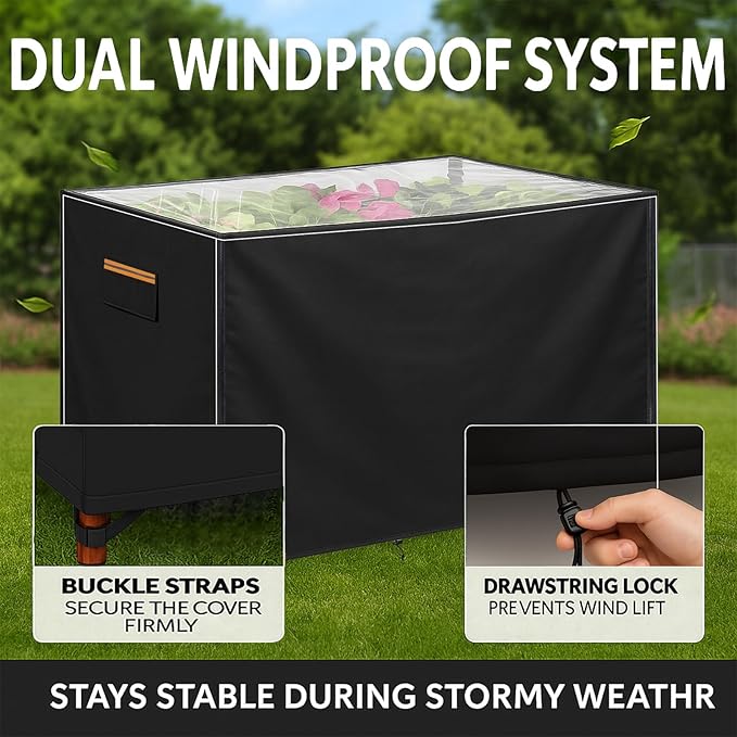 Outdoor Raised Garden Bed Winter Cover 48" L x 24" W x 30" H, Heavy-Duty 600D Oxford Fabric Waterproof Insulated with Transparent PVC Top for All-Weather Elevated Wood Planter Box