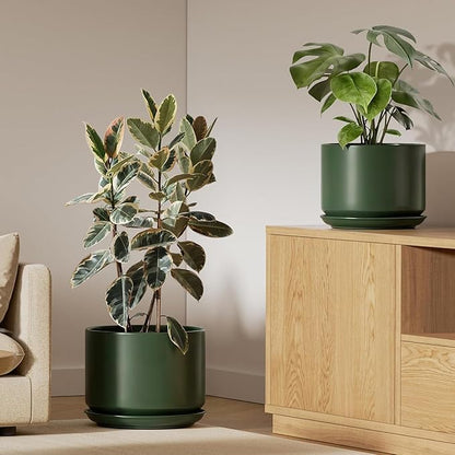 LE TAUCI Ceramic Pots for Plants, Set of 2, 10 + 12 Inch Plant Pot with Drainage Hole and Saucer, Durable & Stylish Planters for Indoor Plants, Elevate Your Home’s Aesthetic, Forest Green