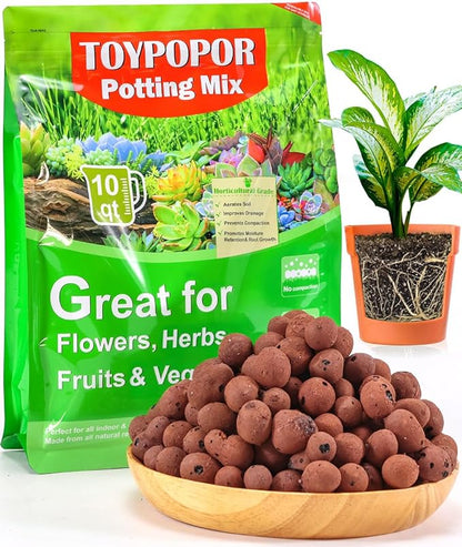 TOYPOPOR Leca Clay Pebbles for Plants, (10 Quarts) Leca Balls, Lightweight Clay Ball, Potting Mix Grow Media Used for Drainage, Decoration, Aquaponics, Hydroponics and Other Gardening Essentials