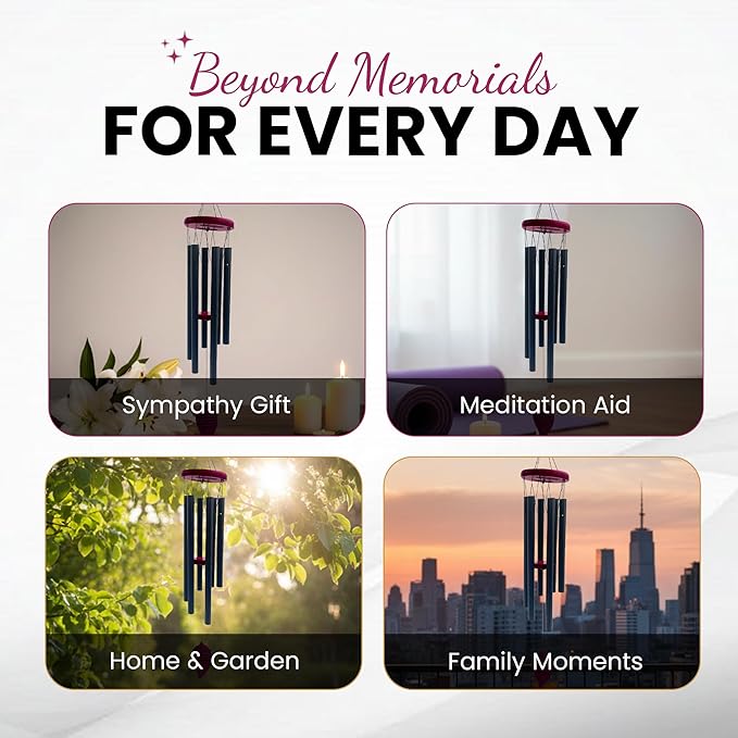 Memorial Wind Chimes for Outside - Aluminum Pipes & Pine wood Windchimes Outdoors - Sympathy Gifts for Loss of Loved One - Includes Letter from Heaven & Keepsake Keychain, Garden Decor - Black