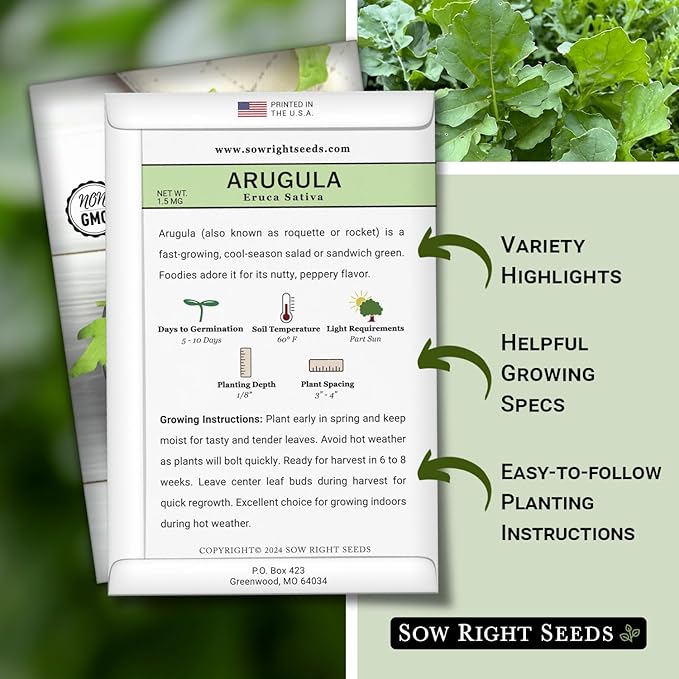 Sow Right Seeds - Arugula Seeds for Planting - Non-GMO Heirloom Seeds with Instructions to Plant a Home Vegetable Garden - Indoors, Hydroponics or Outdoors - Salad Greens - Grow Kitchen Herbs (1)