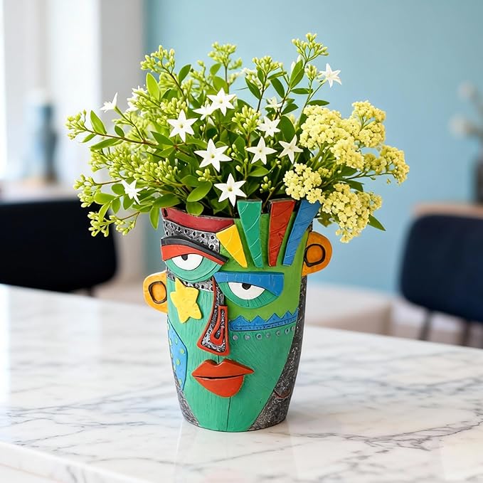 Unique Flower Pots - Abstract Picasso Face Plant Pots, Funky Planters with Drainage for Indoor Plants, Cool Head Planter for Outdoor Garden & Home Decor