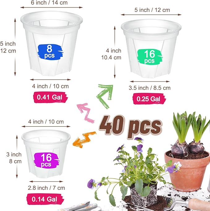 Clear Nursery Pots with Drainage, 40 Pack Transparent Plastic Orchid Planters, 3 Sizes Plant Pots 6/5/4 Inch with 40 Plant Labels for Seedlings, Succulents, Indoor/Outdoor Repotting