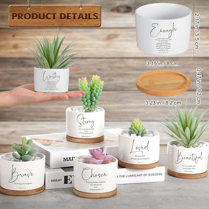 Fumete 24 Pcs Bible Verse Succulent Pots with Bamboo Tray Drainage 3.15 Inch Mini Ceramic Flower Planter Pot Christian Gifts for Women Sunday School Teacher Church Plants Not Included(Special Style)