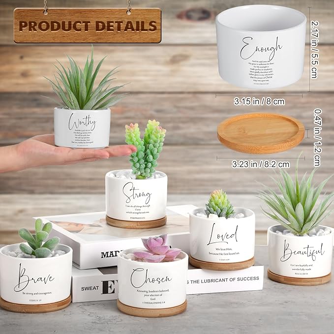 Fumete 12 Pcs Bible Verse Succulent Pots with Bamboo Tray Drainage 3.15 Inch Mini Ceramic Flower Planter Pot Christian Gifts for Women Sunday School Teacher Church Plants Not Included(Special Style)