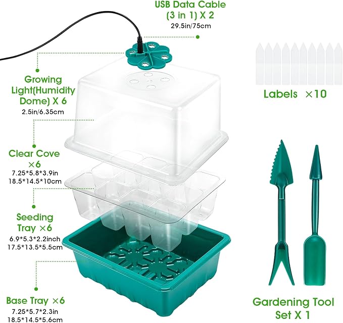 Seed Starter Tray with Grow Light, 6pcs Seed Starter Kits with Light and Adjustable Humidity Domes, Covers Height 3.9", Indoor Seedling Starter Plant Germination Trays (Green-Warm White)