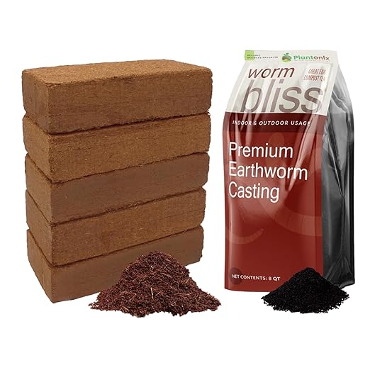 Coco Coir 650gm Bricks (5-Pack) + Worm Bliss (8 Qts) - Coco Coir Bricks & Organic Worm Castings for Plants - Organic Coconut Coir for Plants - Earthworm Castings Worm Fertilizer - Potting Soil Mix