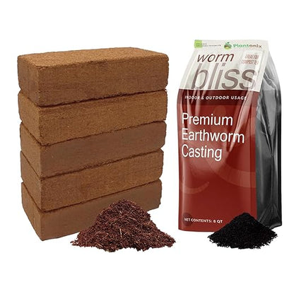 Coco Coir 650gm Bricks (5-Pack) + Worm Bliss (8 Qts) - Coco Coir Bricks & Organic Worm Castings for Plants - Organic Coconut Coir for Plants - Earthworm Castings Worm Fertilizer - Potting Soil Mix