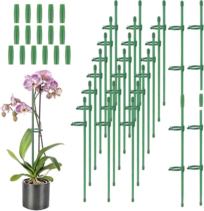 30 Pcs Adjustable Plant Support Stakes Garden Single Stem Support Stake Plant Cage Support Rings with Plant Clips and Connect Pipe for Orchid Rose Tomato, 12 Inch