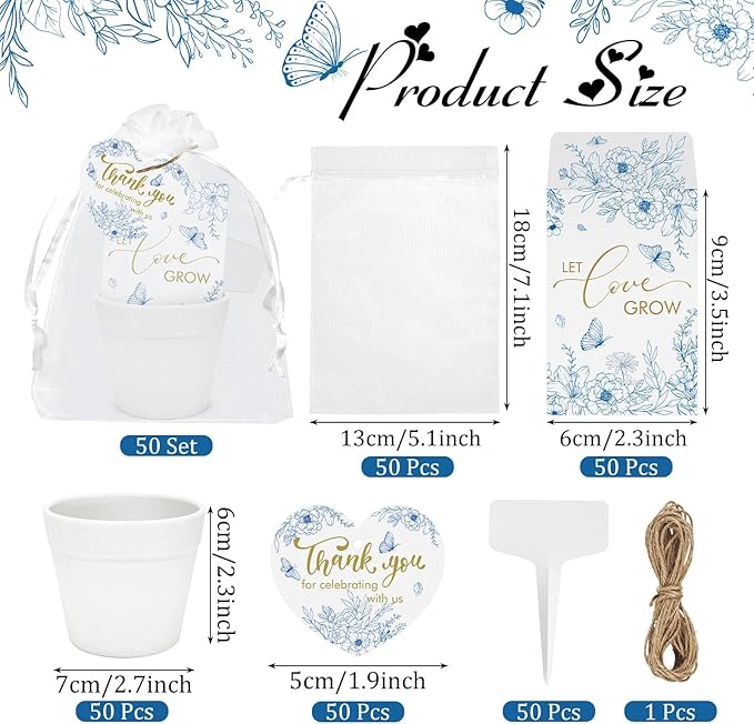 Cinrobiye 50 Sets Let Love Grow Wedding Favors for Guests Seed Packet Bags (Seed Not Include) with Tags & Labels Flowerpot for Bridal Shower Party Favors Bulk Wedding Souvenirs for Guests(Blue Floral)