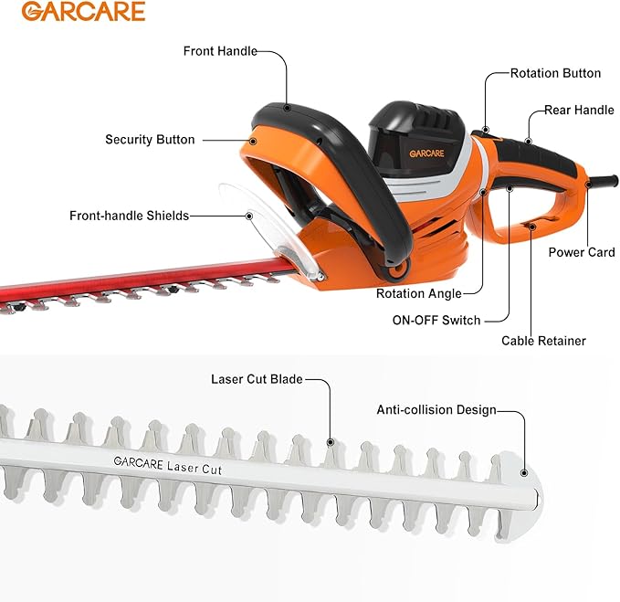 GARCARE Electric Hedge Trimmer Corded-4.8 Amp 24inch Dual-Action Cutting Laser Blade Tree Trimmer Branch Cutter for Lawns, Bushes and Garden Landscaping