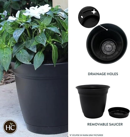 The HC Companies Eclipse Round Planter with Saucer - Outdoor & Indoor Plant Pot with Drainage Holes - Lightweight, UV-Resistant Plastic Pots for Plants, Flowers & Herbs (16" Black, Pack of 1)
