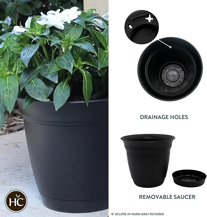 The HC Companies Eclipse Round Planter with Saucer - Outdoor & Indoor Plant Pot with Drainage Holes - Lightweight, UV-Resistant Plastic Pots for Plants, Flowers & Herbs (12" Black, Pack of 1)