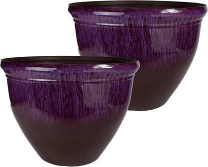 The HC Companies 20 Inch Pizzazz Round Planter Pots with Ceramic Look, Lightweight UV-Resistant Plastic Indoor & Outdoor Planters, 2-Pack Flower Pots for Garden & Home Decor, Purple Violet