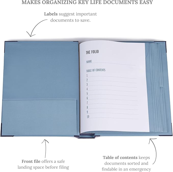 The Folio® Important Document Organizer by Savor | Binder with Guided Labels, Acid-Free File Folder Organizer with 10 Pockets, Document Holder for Home Records, Legal and Medical Papers (Blue)